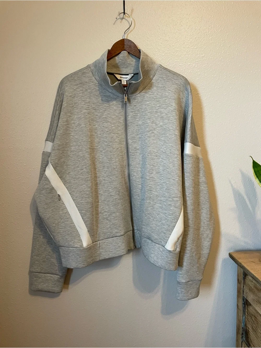 SPANX Women's AirEssentials Striped Track Jacket Light Gray 2X